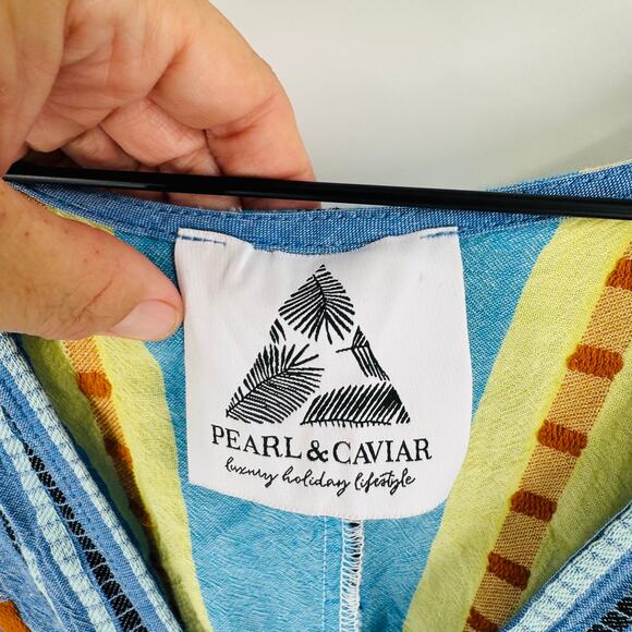 Pearl & Caviar Boho Cotton Striped Cinched Waist Dress Coverup Blue Size M/L - Picture 3 of 6